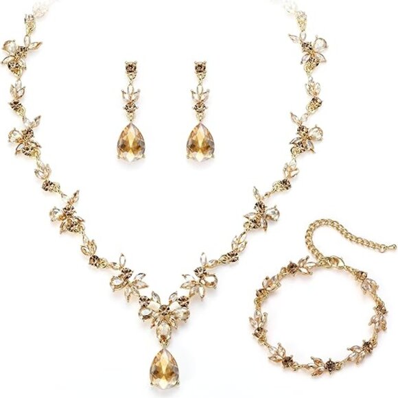 Y-Necklace Tennis Bracelet Dangle Earrings Crystal Teardrop Cluster for Bridal - Picture 1 of 5